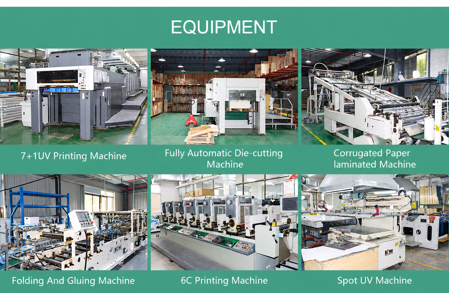 Six Lantro factory machines for printing, die-cutting, corrugated paper lamination, folding and gluing, and spot UV