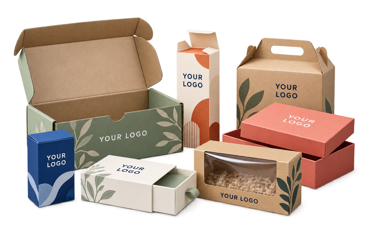 Custom YOUR LOGO paper packaging: open mailer, tuck-end cartons, window box, rigid gift box, drawer box and handle box
